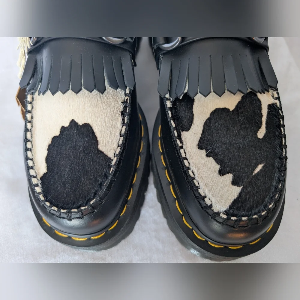 Dr. Martens Adrian Snaffle Quad Black/White Cow Print Horsebit Leather Loafers - Picture 6 of 14